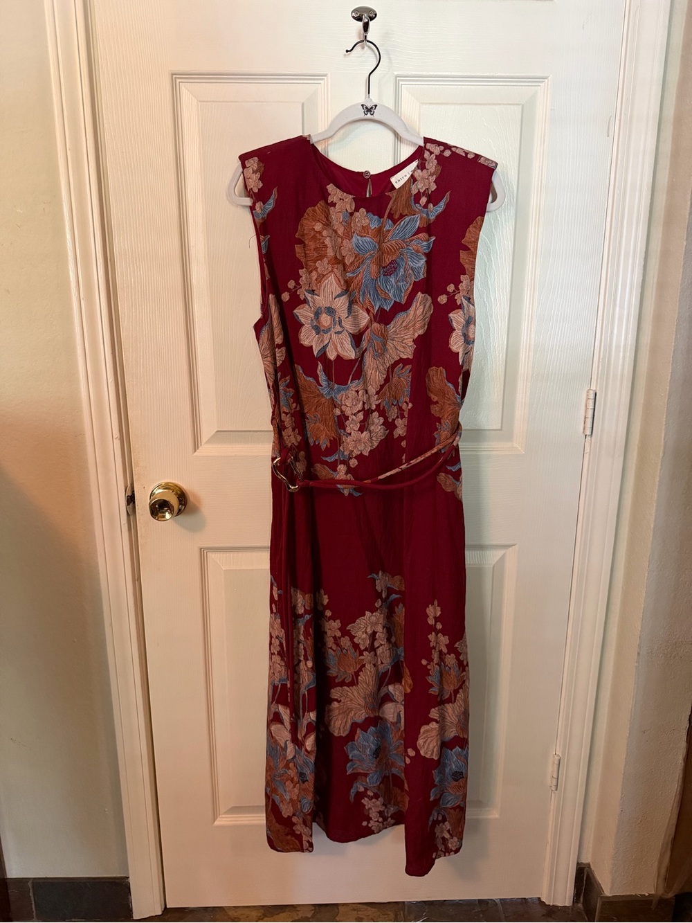 entro Burgundy Floral Maxi Dress with Blue & Tan Accents